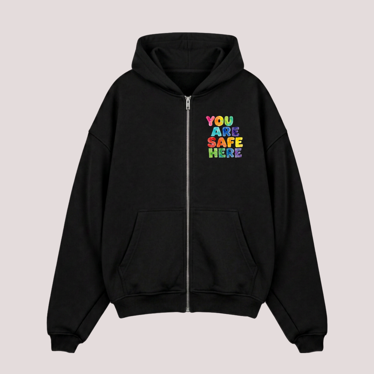 Oversized zipper "YOU ARE SAFE HERE"