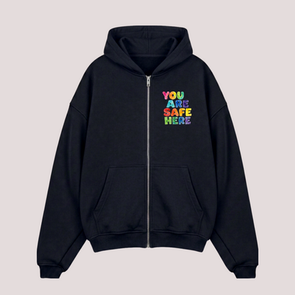 Oversized zipper "YOU ARE SAFE HERE"