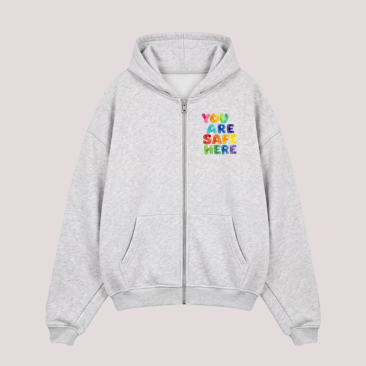 Oversized zipper "YOU ARE SAFE HERE"
