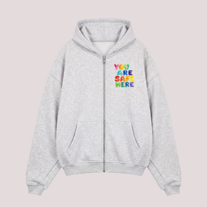 Oversized zipper "YOU ARE SAFE HERE"