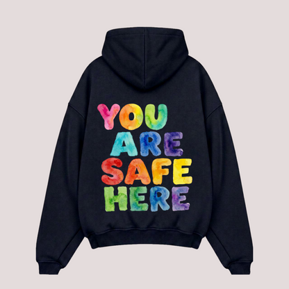 Oversized zipper "YOU ARE SAFE HERE"
